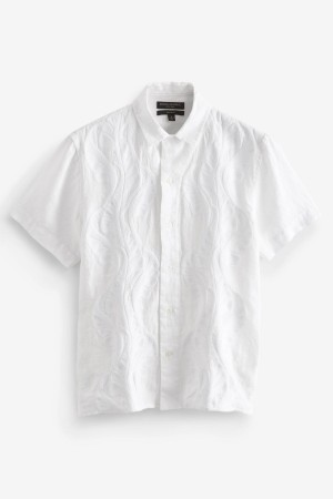 Banana Republic Botanica Embroidered Resort Linen Men's Shirts White | 80269-PQXD