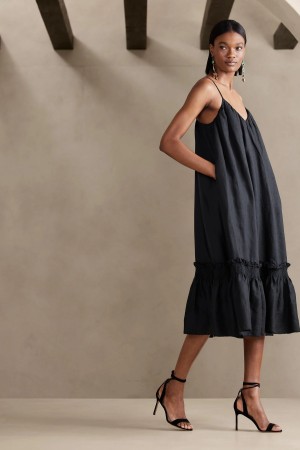 Banana Republic Charlize Linen Midi Women's Dress Black | 82105-ADSG