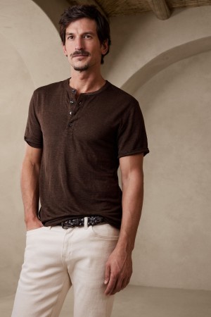 Banana Republic Linen Henley Men's T Shirts Brown | 73459-BNTH