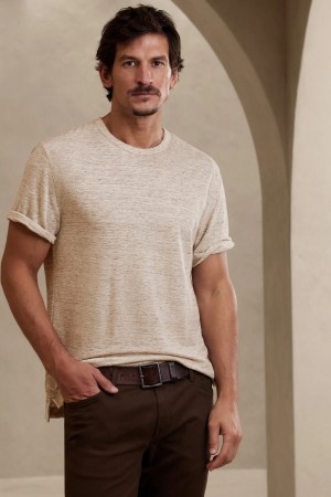 Banana Republic Linen Men's T Shirts Beige | 30716-FJQX