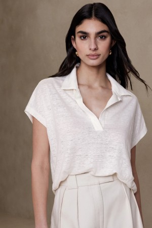 Banana Republic Linen Polo Women's Tops White | 86592-BCQS