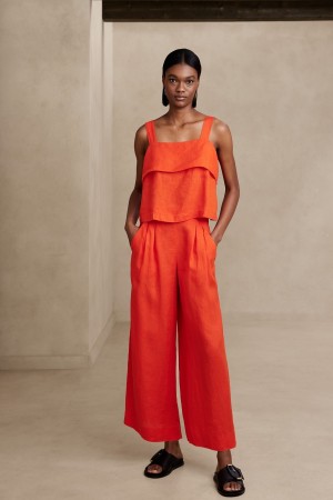 Banana Republic Mia Wide-Leg Cropped Linen Women's Pants Orange | 13874-JQCY