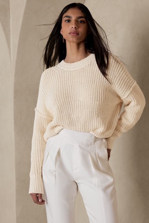 Banana Republic Tiernan Cotton Women's Sweaters White | 25376-YJDE