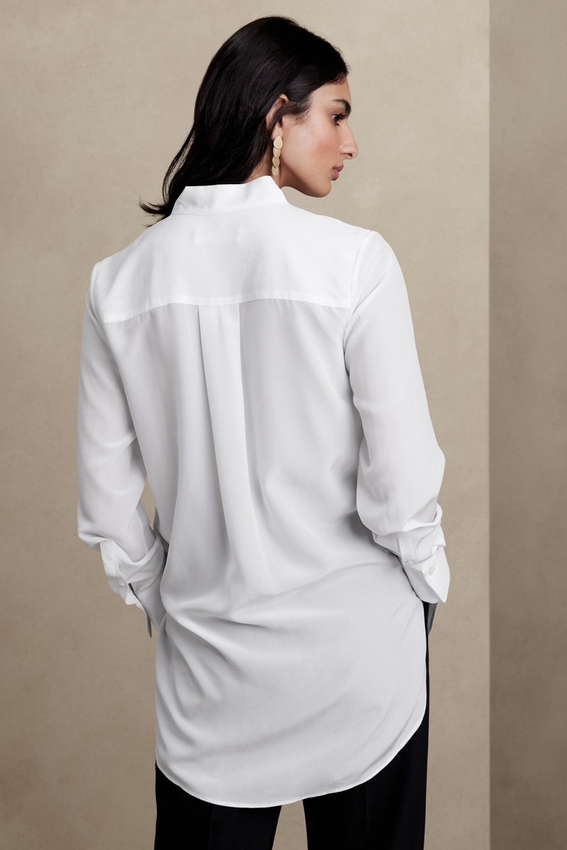 Banana Republic Alchemy Silk Tuxedo Longline Tunic Women's Shirts White | 71682-SMYK