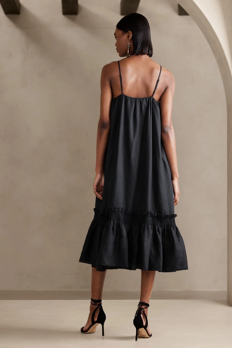 Banana Republic Charlize Linen Midi Women's Dress Black | 82105-ADSG