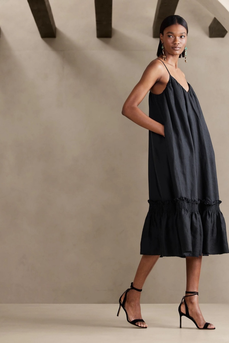 Banana Republic Charlize Linen Midi Women\'s Dress Black | 82105-ADSG