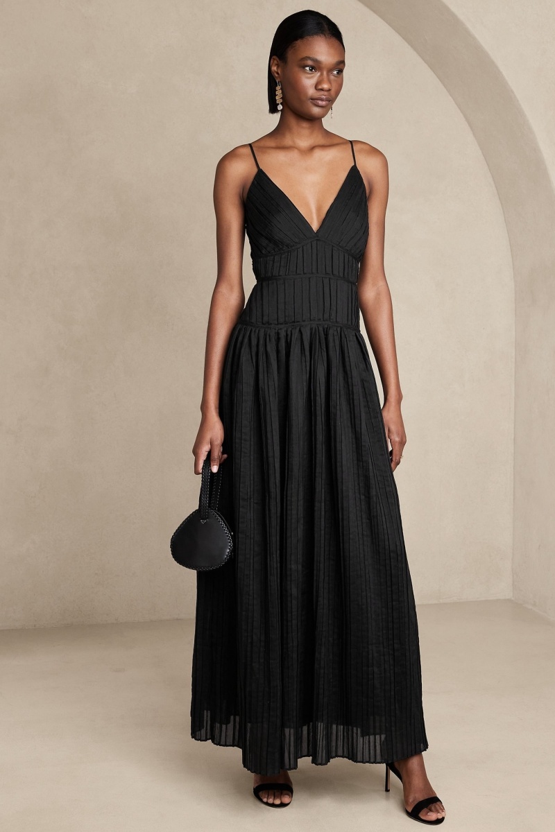 Banana Republic Jacqui Pleated Maxi Women\'s Dress Black | 71258-UJWL