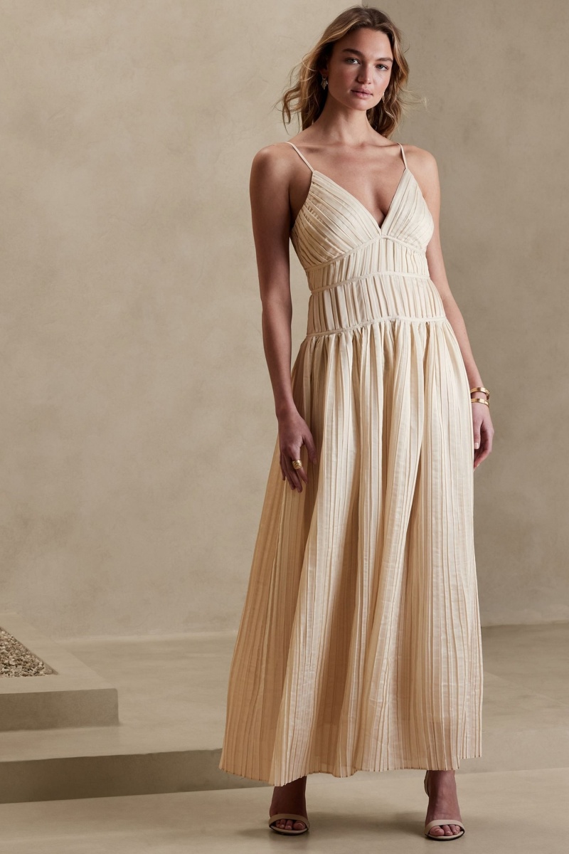 Banana Republic Jacqui Pleated Maxi Women\'s Dress Beige | 95273-VYPN