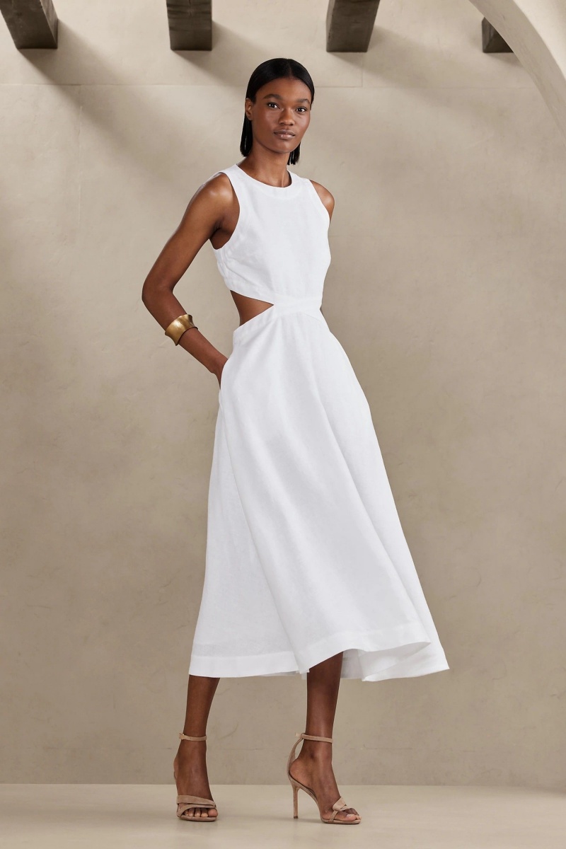 Banana Republic Lina Linen Cutout Midi Women\'s Dress White | 20687-IWYC