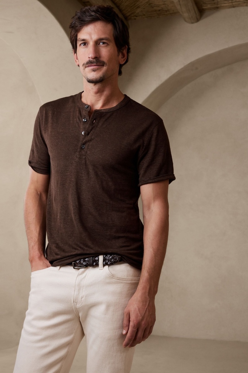 Banana Republic Linen Henley Men\'s T Shirts Brown | 73459-BNTH