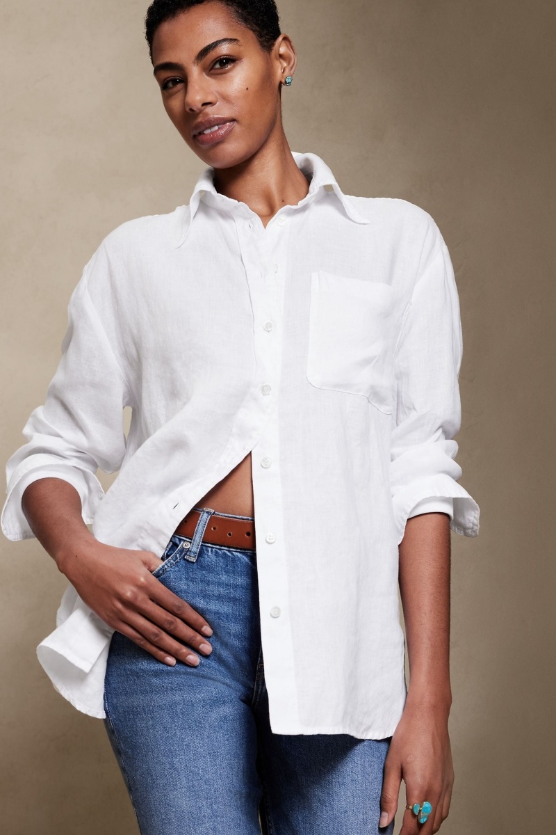 Banana Republic Oversized Linen Women\'s Shirts White | 37496-AYJQ