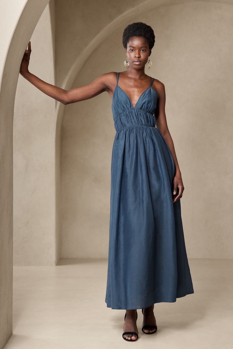 Banana Republic Rosalia Cotton-Silk Maxi Women\'s Dress Navy / Blue | 39507-LFDP